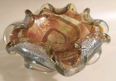 Vintage Murano Gold Fleck Art Glass Bowl Ashtray 7''x 3'' Excellent!!!