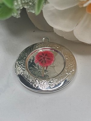 Real Red Poppy Flower Locket | Silvertone Circle Memorial Keepsake