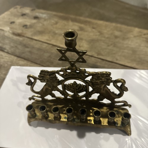 Vintage Solid Brass Hanukkah Menorah Lions of Judah Star of David Judica Israel