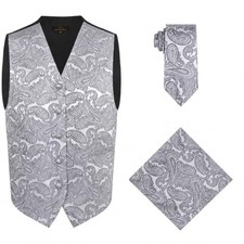 Men's 3pc Paisley Formal Suit Waistcoat Tuxedo Dress Vest Medium Silver Grey