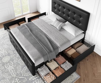 Full Size Bed Frame with 4 Drawers and Adjustable Headboard,Easy Assembly, Black