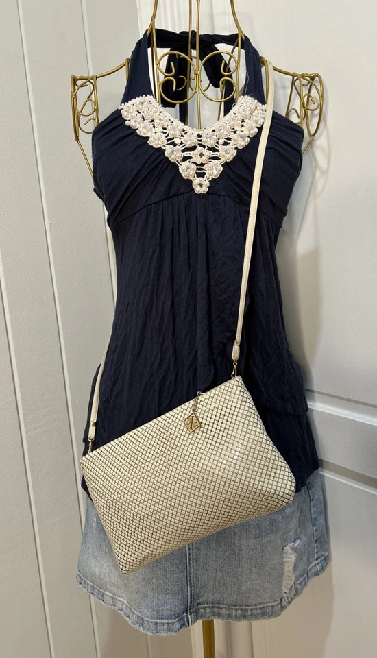 Antigo. Whiting & Davis Bolsa de Metal Malha Creme Pulseira de Couro Charme Anos 80 Discoteca Evento - Imagem 2 de 4