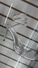 Rene Caovilla Silver Rhinestone Crystal Strappy Stiletto Open Toe Heel Women