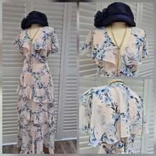 Vintage 1920s 1930s Style Cream Blue Floral Layered Chiffon Cape Dress Size 12