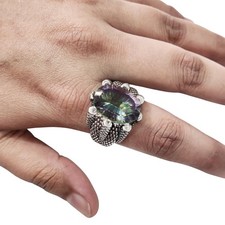 NATURAL MYSTIC TOPAZ GEMSTONE 925 STERLING SILVER CHRISTMAS HEAVY MENS RING