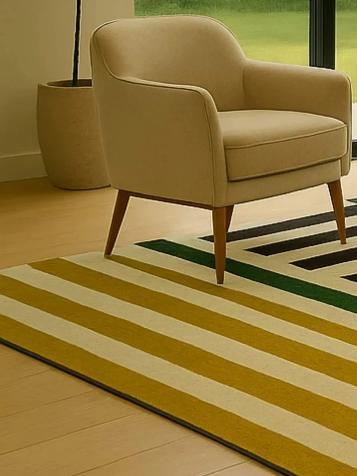 Tapis touffeté à la main - design en damier avec rayures audacieuses - Photo 2/4