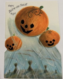 VTG Christmas Greeting Card Halloween Ghost Pumpkin Head