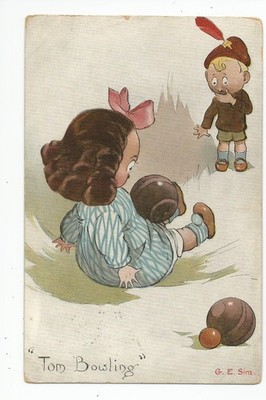 Postcard: ''Tom Bowling'' by G E Sim - girl bowled down by boy; Peter Pan hat; UK