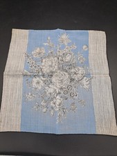 Vintage Damen Stofftaschentuch Blumen-Bouquet Pfingstrose Blau Nadelstreifen