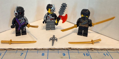 3 Lego Ninjago Mini Figs, Nindroid Warrior, Cyrus Borg, Cole Techno, EUC, Extras