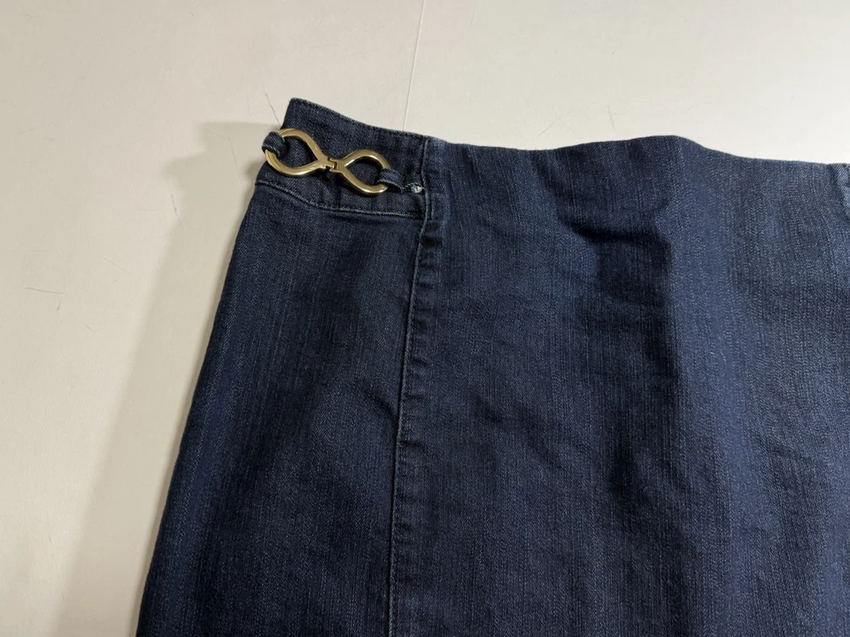 Minifalda de mujer Ellen Tracy azul denim con abertura trasera cremalleras logotipo talla 12 Foto 4 de 4