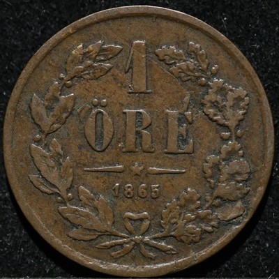 Sweeden 1 One Öre 1865 AL With 2 Dots antique old bronze world foreign coin 
