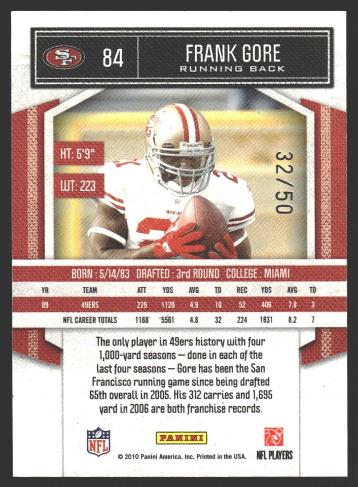 Frank Gore #84 2010 Panini Classics Timeless Tributes Gold 49ers SN/50 - Image 2 of 2