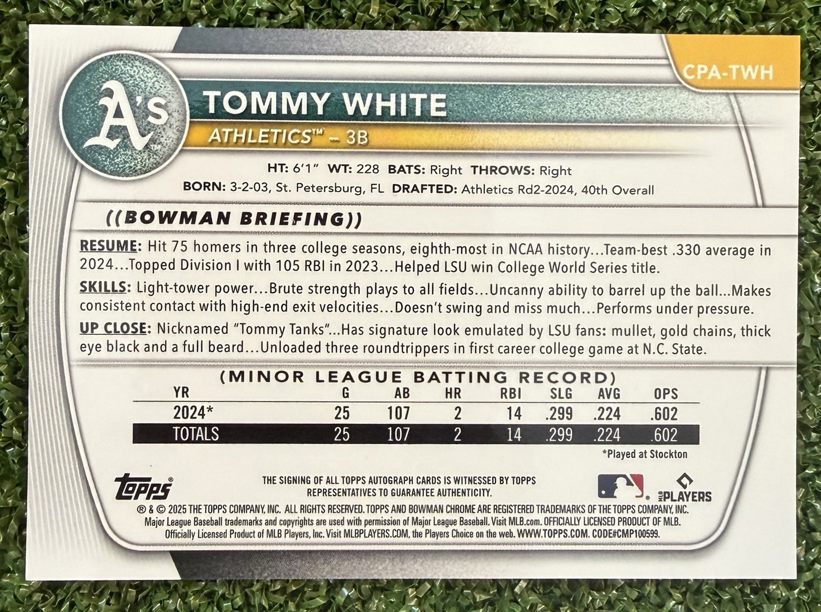 2025 Bowman Chrome Tommy White 1st Bowman Auto Oakland Athletics  view 2