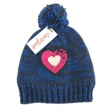 Cat  Jack Girls Beanie Hat Knit Pom Heart Sequins Flip Blue OSFM One Size
