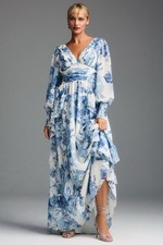 BHLDN Blue White Floral Long Sleeve Chiffon Formal Maxi Dress XL Cottagecore