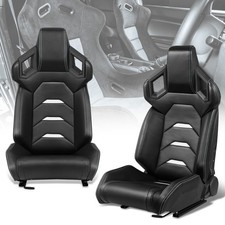 Universal Black Vinyl White Stitching Reclinable Racing Seats W Sliders Lhrh