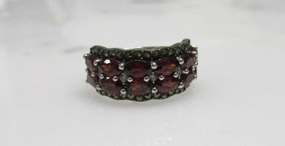 Red Stone Sterling Silver 2 Row Cluster Ring w/ Marcasites ~ Sz 6 ~ 5g ~ 6-D600