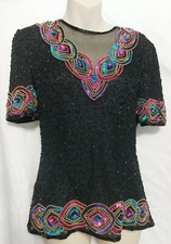 Vintage 80s Stenay Black Beaded 100 Silk Colorful Sequin Top Size Small
