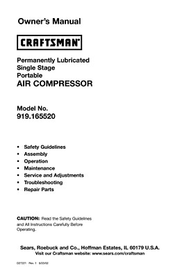 Owner's Manual & Parts List Craftsman Portable Air Compressor