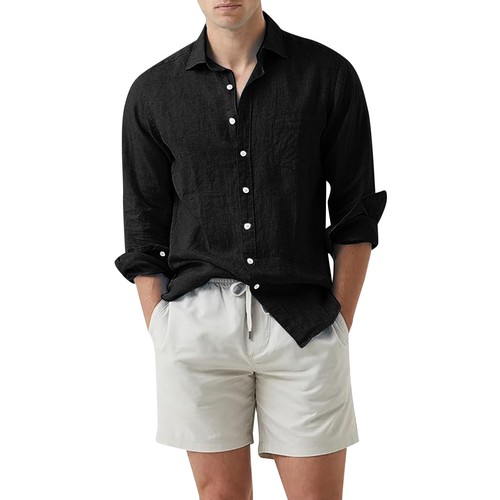 Hot Cotton and Linen Collar Solid Color Long Sleeved Men's Shirt - Picture 6 of 27