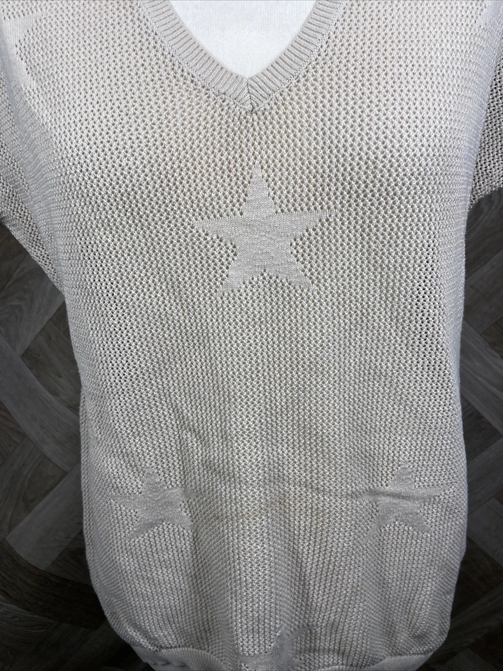 Hush Star Short Sleeve Top Open Knit V Neck Jumper Beige Semi Sheer Size S - Image 3 of 4