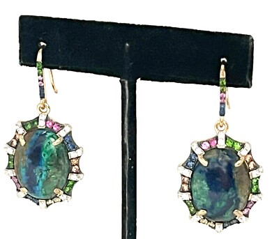 Rarities Azurite Malachite Sapphires Scalloped SS GoldClad Drop Earrings