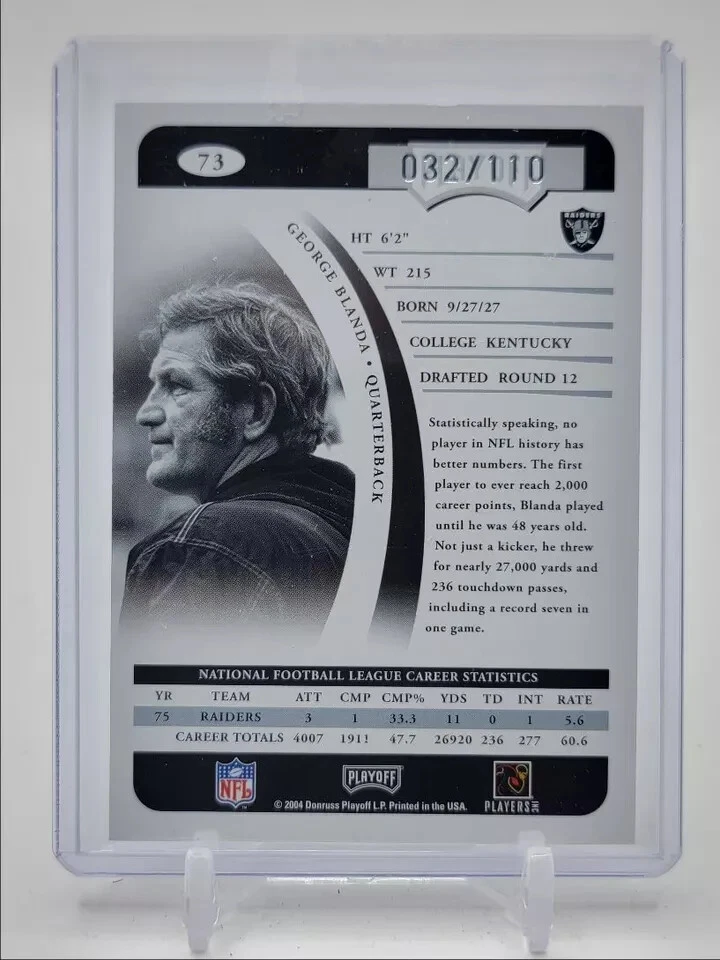 GEORGE BLANDA 2004 DONRUSS PLAYOFF PROOF PRIME AUTOGRAPH AUTO 032/110 - Image 2 of 2