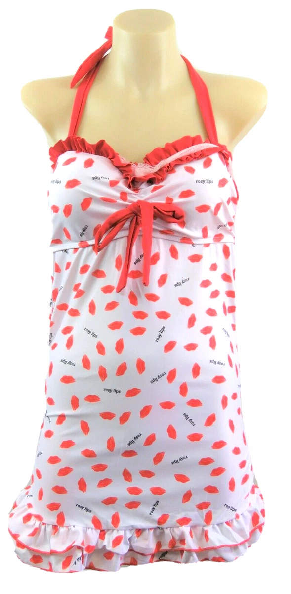 Ladies Halter Top Takini Red White Pinup Rockabilly Stretch Sleeveless Size M 12