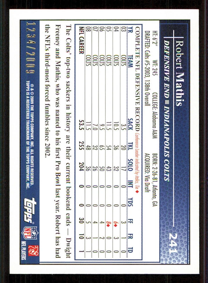 2009 Topps Gold #241 Robert Mathis /2009 - Image 2 of 2