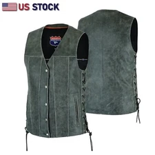 GRAY Straight bottom Gun pocket leather Vest Motorcycle Riders Grey Side Lace