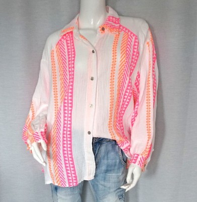 Boho Tunika Bluse Oversized Musselin Hemd Ethno Weiss Pink Orange 38,40,42,44Neu