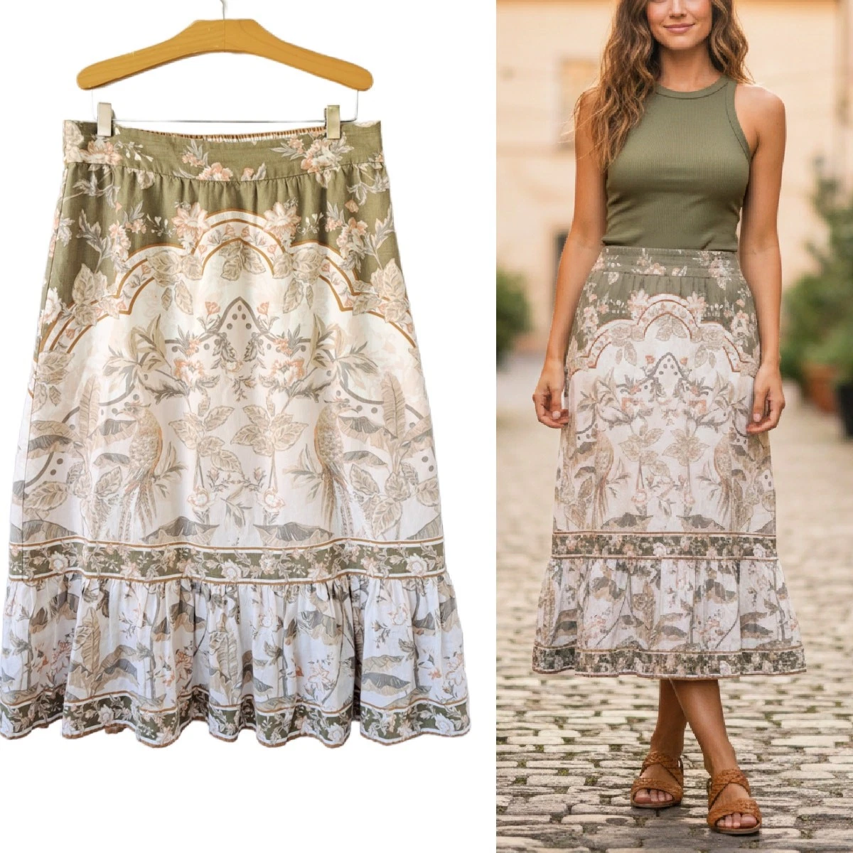 Rachel Zoe Linen Floral Bird Print Ruffle Hem Midi Skirt Medium Boho Cottage