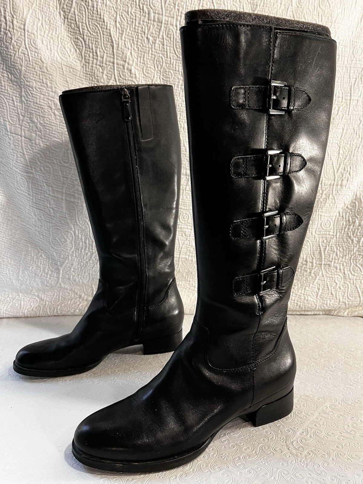 SAOLA Stivali equitazione alti Ecco Hobart pelle nera quattro fibbie zip suola strappo donna 41