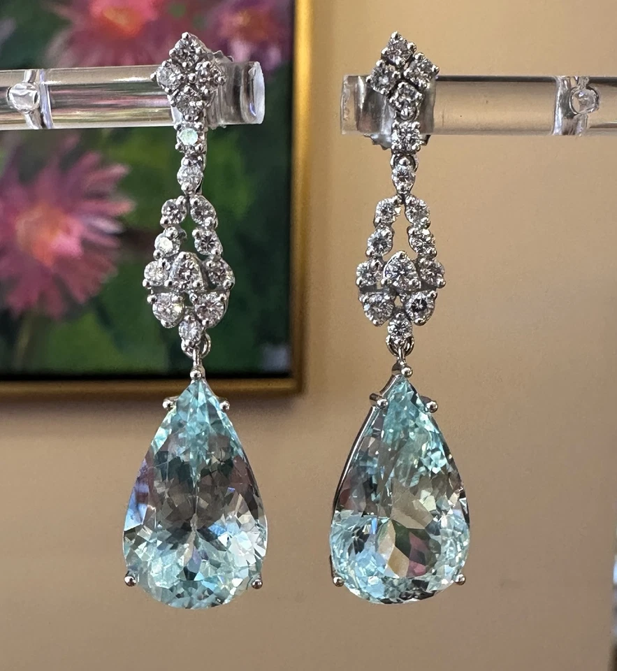 Aquamarine and Diamond Drop Earrings in 18k White Gold - HM2681AB