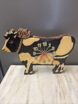 Cow Clock Handcrafted Carved Wood Miller Company Desk Or Wall 14x11