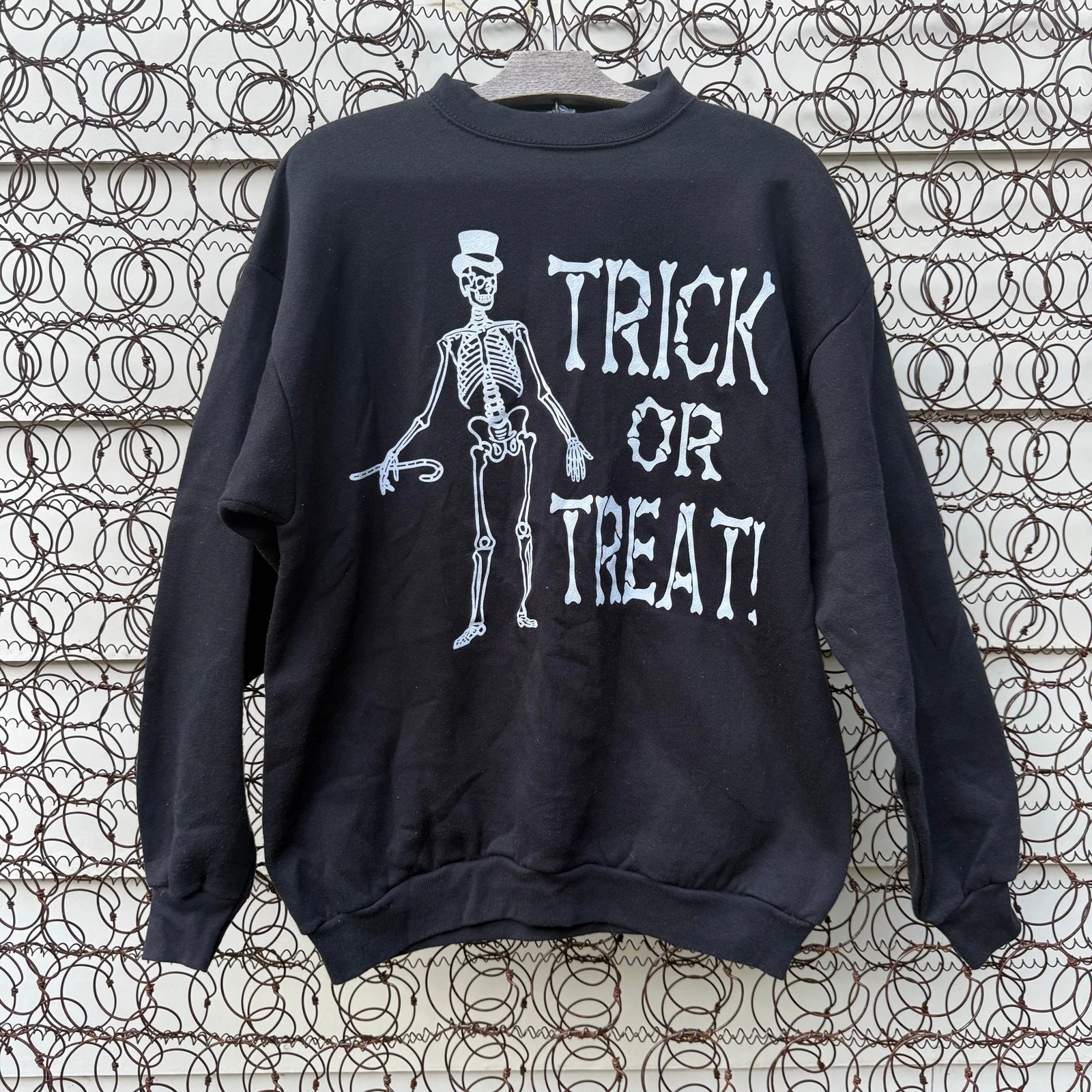 Vintage 90s Trick or Treat Skeleton Halloween Spooky Black Crewneck Sweatshirt