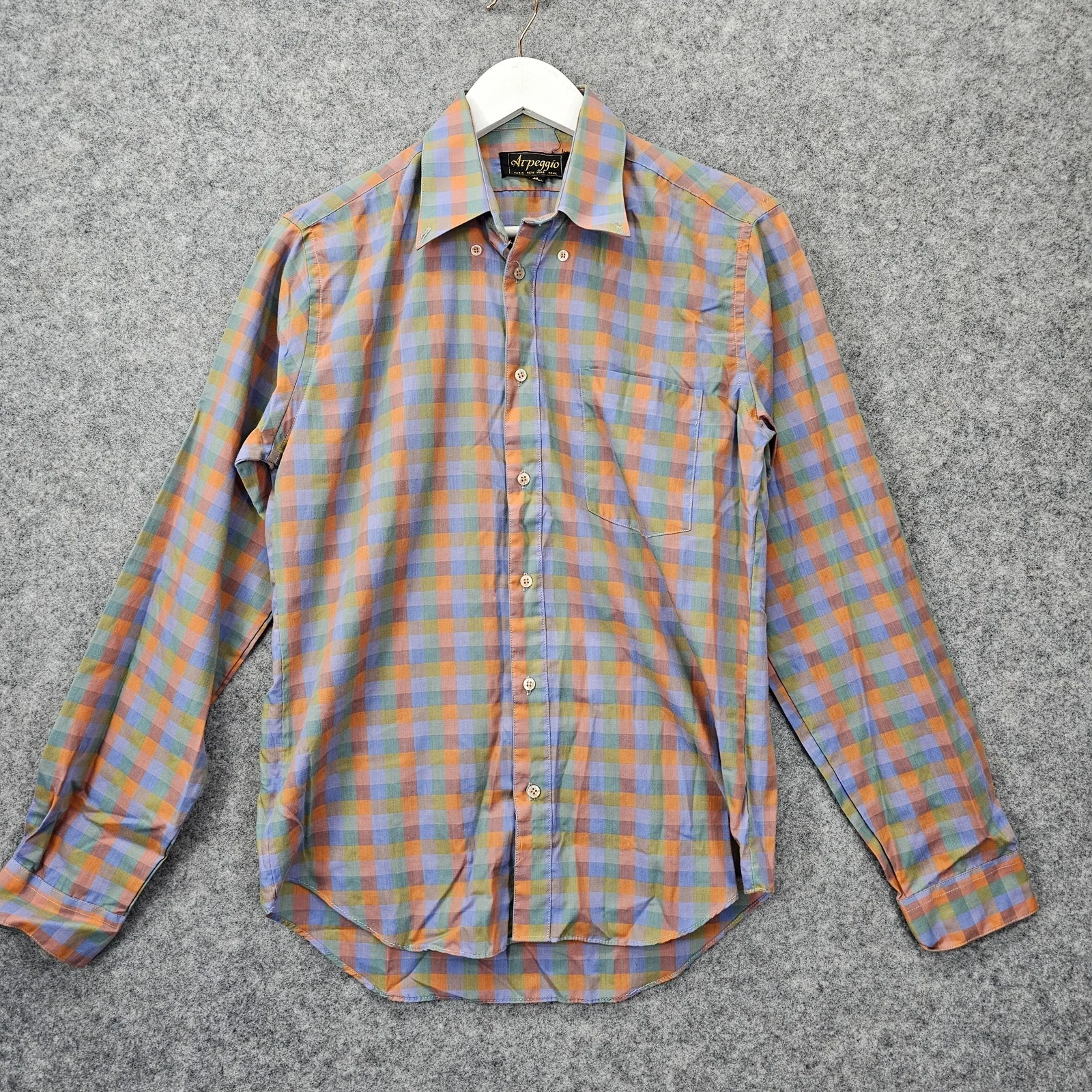Vintage Button Down Shirt Mens S Orange Blue Tattersall Plaid Funky 70s ARPEGGIO