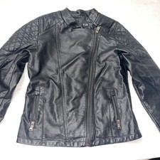LJYH Moto Jacket Faux Leather Quilted Shoulder T11-12 Black Zip Pockets B5