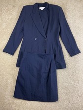 Vintage Rena Rowan Skirt Suit Set Womens Size 6 Button Up Long Sleeve Blue