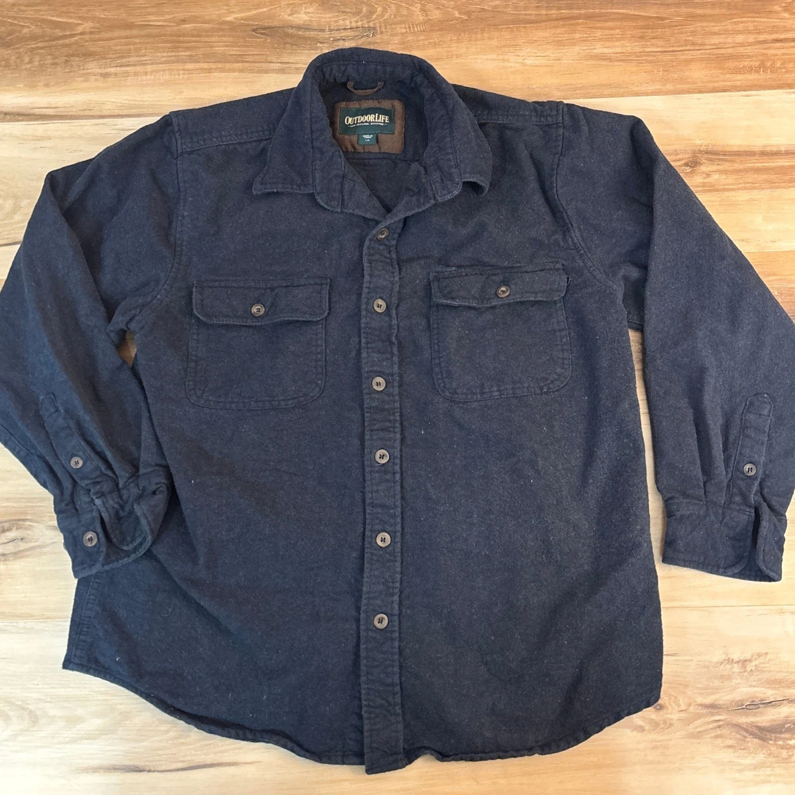 Outdoor Life Chamois Flannel Shirt Mens Large Navy Blue Long Sleeve Button Up
