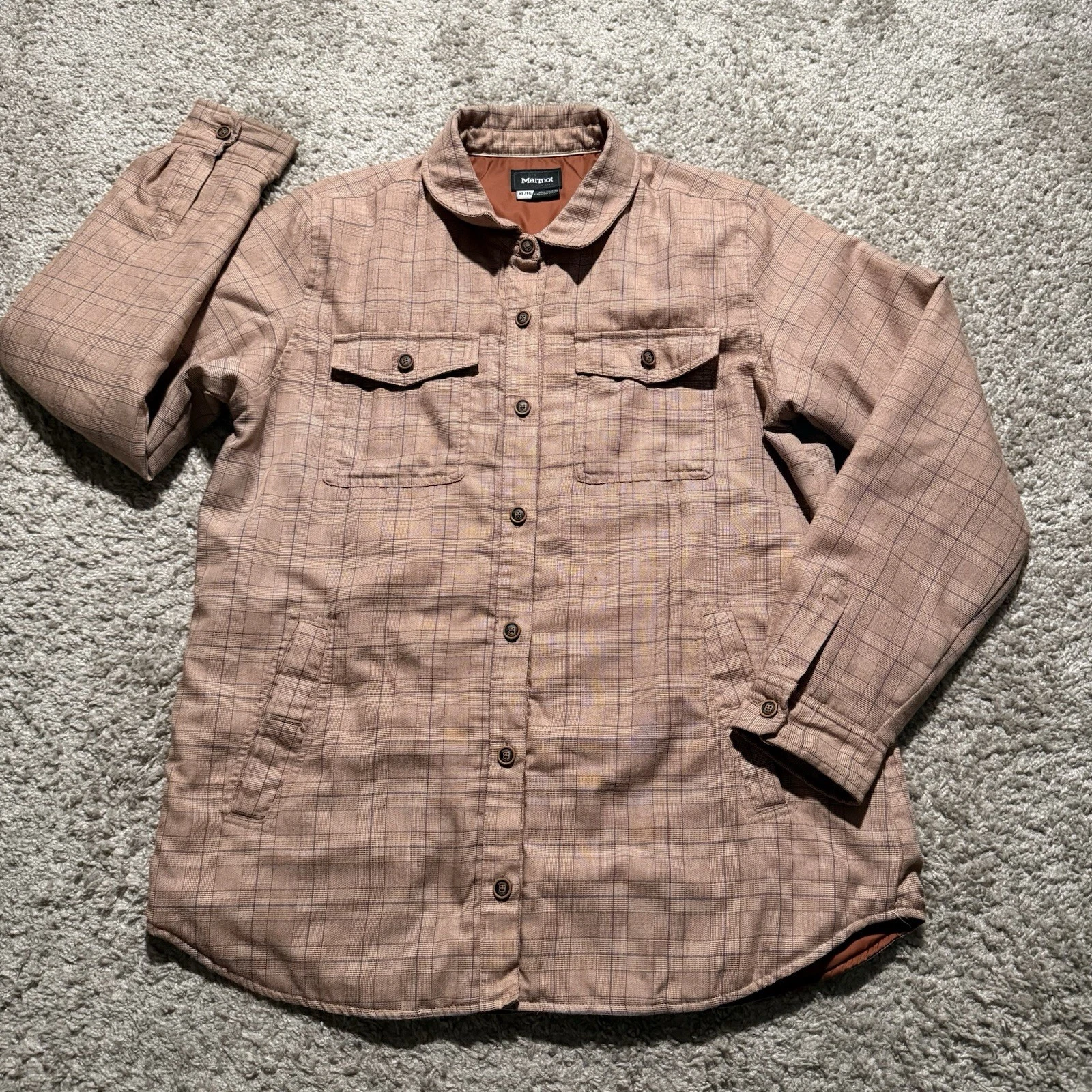 Marmot Men’s Button Up Lined Shirt Jacket SZ XL Salmon Check