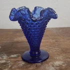 Vintage Fenton 4" Colonial Blue Hobnail Blue Double Crimped Footed Bud Vase