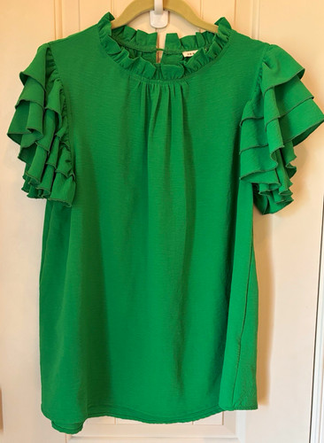 JODIFL Green Woven Ruffle Sleeve Blouse Top Round Neck Short Sleeve Size L
