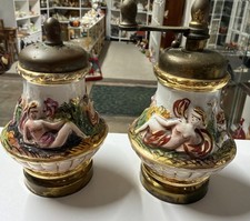 Capodimonte Salt Shaker and Pepper Mill High Relief Italy Vintage Nudes Cherubs