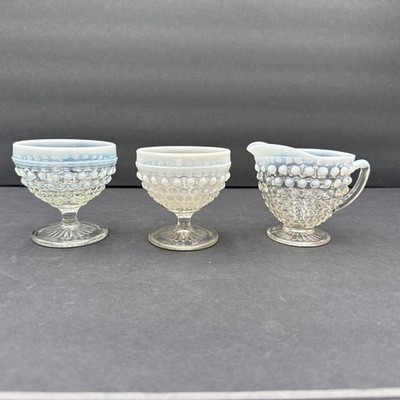 Lot Of 3 Vtg Anchor Hocking Moonestonr Hobnail Opalescent Sherbet Desert Glasses