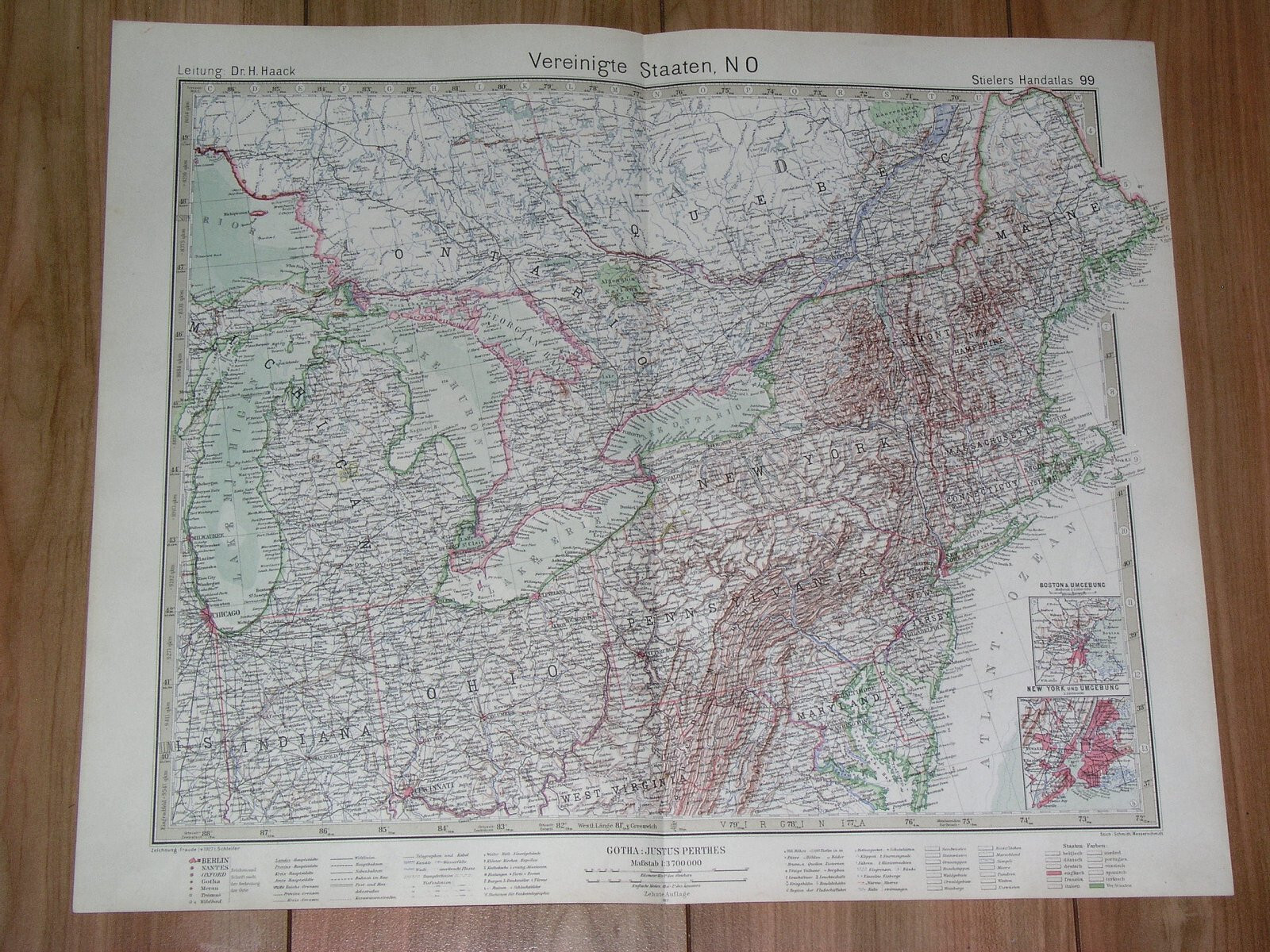 1927 VINTAGE MAP OF NE USA GREAT LAKES MICHIGAN ERIE ONTARIO NEW YORK / CANADA