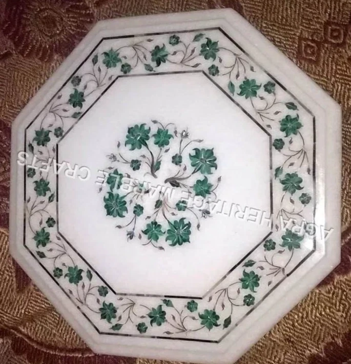 12" White Marble Console Coffee Table Top Malachite Inlay Floral Art Decor E1137 - Image 2 of 4