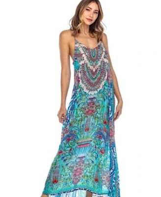 NWT True Colours by La Moda Tropical Forest T Back Maxi Dress Cover Up S/M