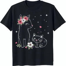 Adorable Black T-Shirt with White Outline Design of Two Cats Flower Crown Flower